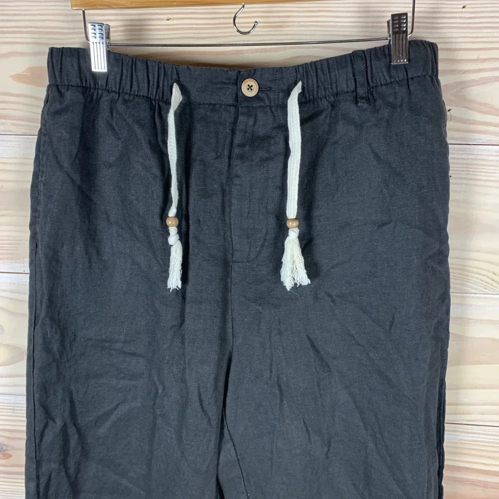 Maamgic Linen Pants Mens XL Black Relaxed Drawstring Lined Trousers Straight Leg